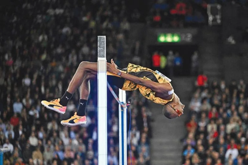 Qatar&#039;s Mutaz Barshim in action during the high jump event at the Zurich Diamond League meeting at Stadion Letzigrund stadium on Thursday. (AFP)