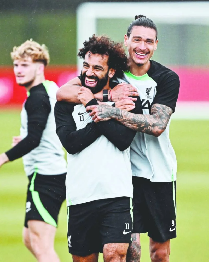 Liverpool’s Mohamed Salah (left) and Darwin Nunez during a training session on Friday,