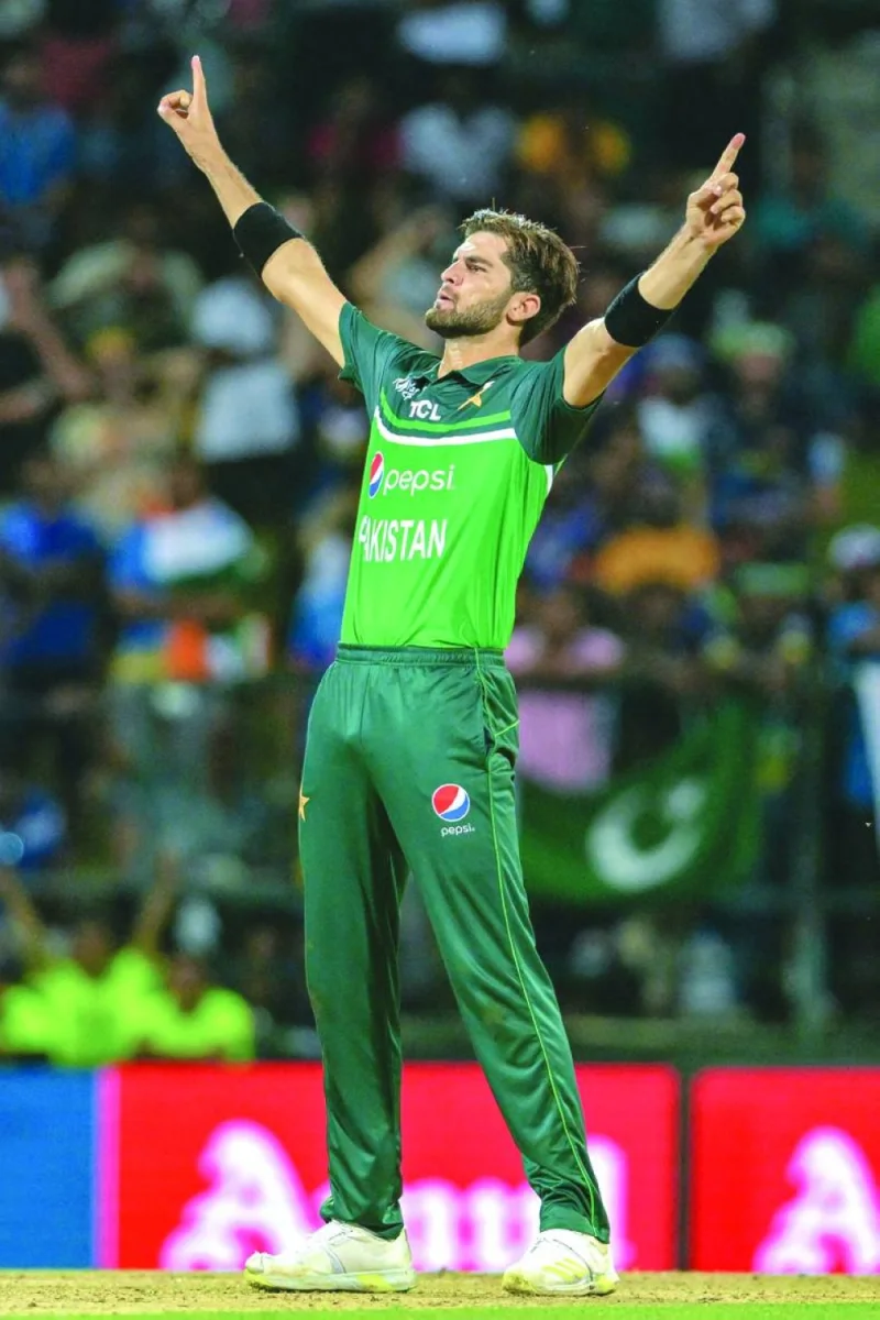 Pakistan’s Shaheen Shah Afridi celebrates after taking the wicket of India’s Hardik Pandya during the Asia Cup match at the Pallekele International Stadium in Kandy on Saturday. (AFP)