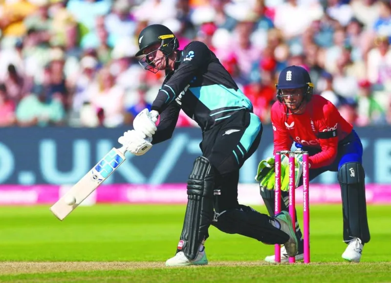 New Zealand’s opener Finn Allen is seen in action against England during their third T20I at Edgbaston Cricket Ground, Birmingham, Britain, on Sunday. (Reuters)