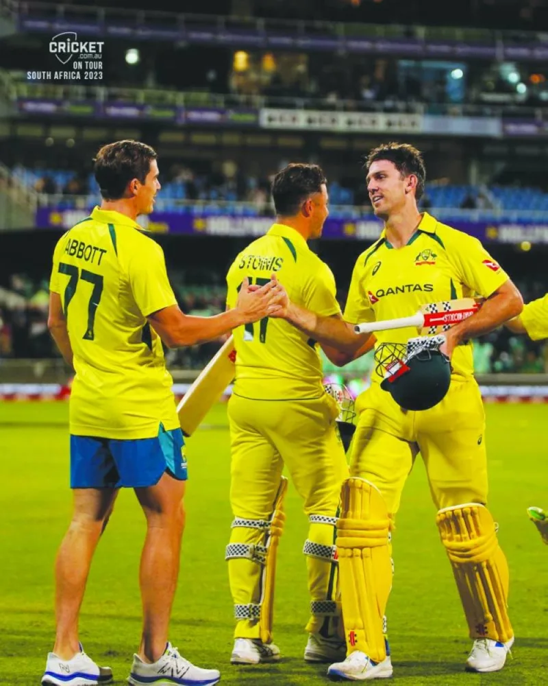 
Australian captain Mitch Marsh (right) with teammates Marcus Stoinis and Sean Abbott after the third and final T20I against South Africa in Durban on September 3, 2023. (@CricketAus) 