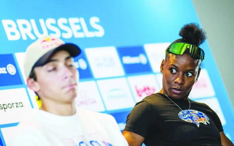 Swedish pole vaulter Armand Duplantis (left) and Jamaica’s sprinter Shericka Jackson attend a press conference on Thursday, ahead of the Brussels Diamond League athletics event. (AFP)