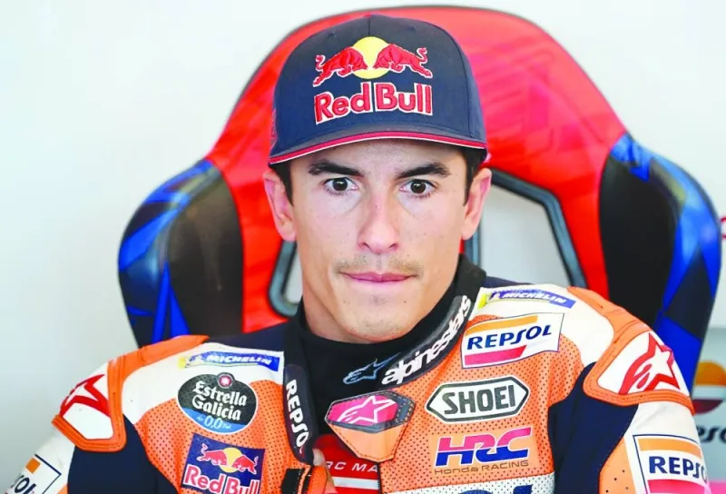 Honda Repsol Honda Team&#039;s Spanish rider Marc Marquez reacts inside his box during a free practice session of the San Marino MotoGP Grand Prix at the Misano World Circuit Marco-Simoncelli in Misano Adriatico on September 8, 2023. (AFP)
