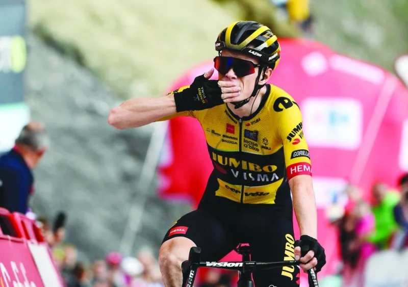 Team Jumbo-Visma’s Danish rider Jonas Vingegaard celebrates winning the stage 13 of the 2023 La Vuelta, a 134.7km race between Formigal and the Col du Tourmalet in France, on Friday. (AFP)