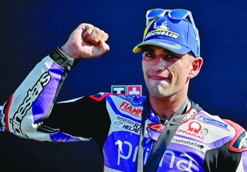 Prima Pramac&#039;s Spanish rider Jorge Martin celebrates after winning the sprint race of the San Marino MotoGP Grand Prix at the Misano World Circuit Marco-Simoncelli in Misano Adriatico on Saturday. (AFP)
