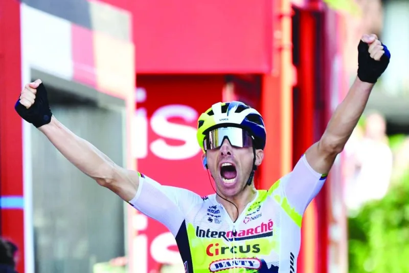 
Team Intermarche Wanty’s Portuguese rider Rui Costa celebrates 
winning the stage 15 of the 2023 La Vuelta cycling tour of Spain, a 158.3km race between Pamplona and Lekunberri, yesterday. (AFP) 