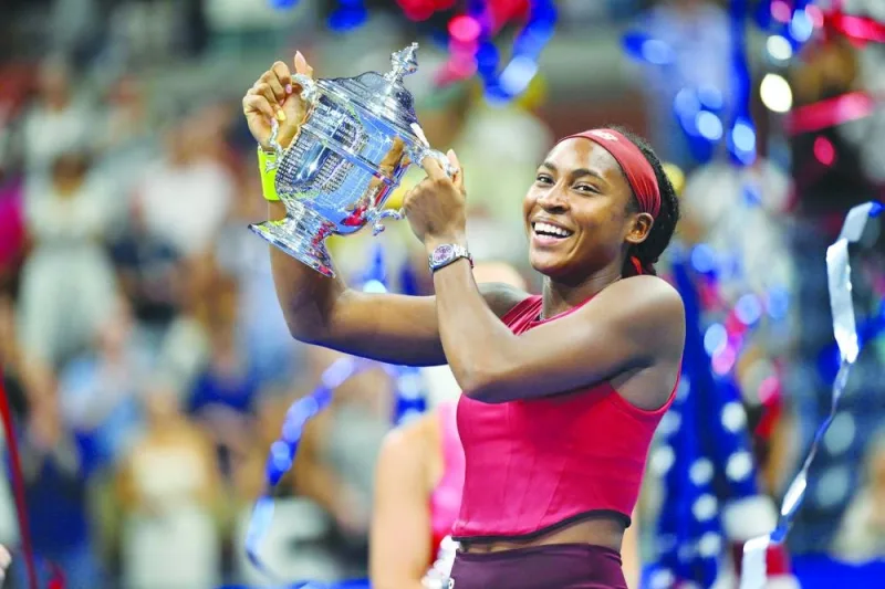 USA&#039;s Coco Gauff poses with the trophy after defeating Belarus&#039;s Aryna Sabalenka in the US Open final in New York. (AFP)