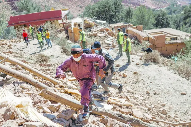 
Emergency personnel continue rescue operations in the mountainous area of Tizi N’Test, in the Taroudant province, one of the most devastated in quake-hit Morocco, yesterday. 