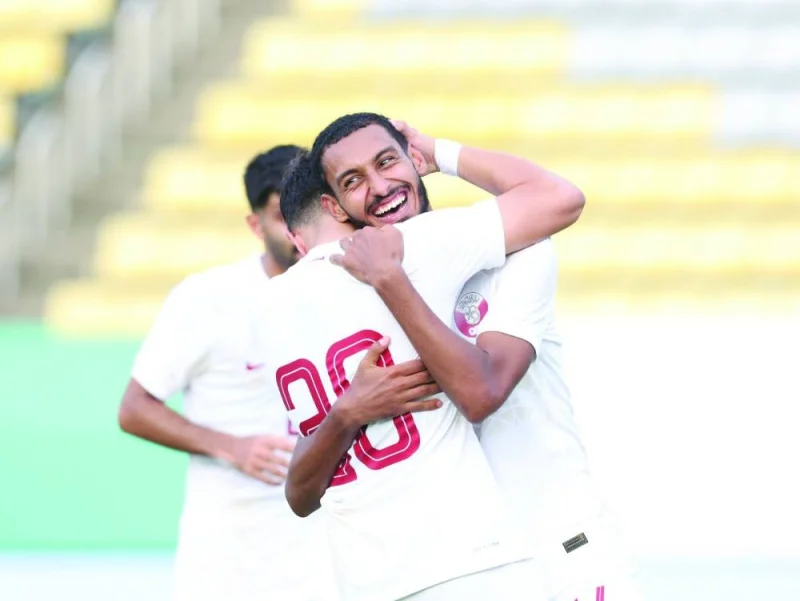 Qatar’s Ilyes Brimil celebrates after scoring against Kyrgyzstan in Changwon, South Korea, on Tuesday