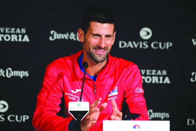 Serbia’s Novak Djokovic holds a press conference during the finals group stage of the 2023 Davis Cup at the Fuente San Luis Sports Hall in Valencia on Thursday. (AFP)