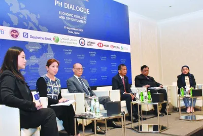 From left: Department of Budget and Management undersecretary Margaux Marie V Salcedo; Department of Budget and Management secretary Amenah F Pangandaman; Department of Finance secretary Benjamin E Diokno; National Economic and Development Authority secretary Arsenio M Balisacan; Bangko Sentral ng Pilipinas deputy governor Francisco G Dakila Jr, and Bangko Sentral ng Pilipinas assistant governor Arifa A Ala during the ‘PH Dialogue: Economic Outlook and Opportunities’ held recently in Doha. PICTURE: Thajudheen
