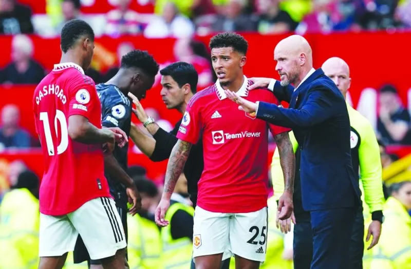 
Jaden Sancho (centre) has been ordered to train away from his Manchester United teammates after saying he has been made “a 
scapegoat” under manager Erik ten Hag, who dropped the winger for a 3-1 defeat at Arsenal earlier this month. 