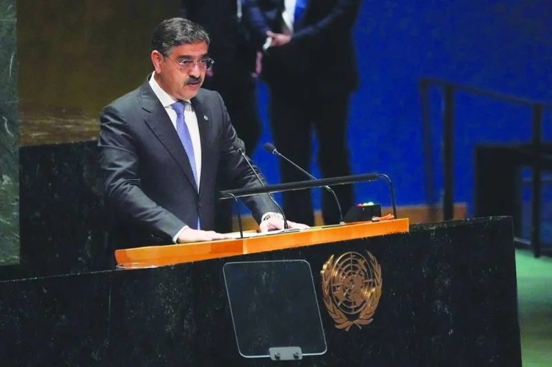 Pakistani caretaker Prime Minister Anwaarul Haq Kakar addresses the 78th United Nations General Assembly at UN headquarters in New York City on Friday.