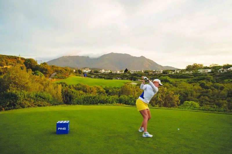 Team Europe golfer Maja Stark hits her tee shot during 2023 Solheim Cup at Finca Cortesin in Casares, Spain, on Friday. (AFP)