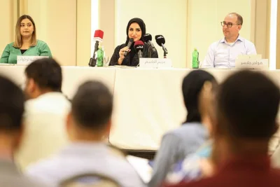 Mariam Aljassim addressing the press conference Tuesday.