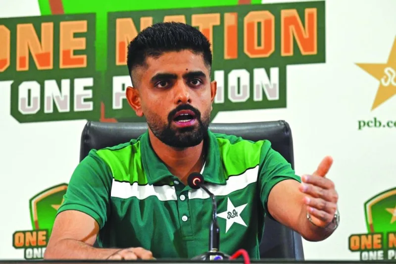 Pakistan’s cricket team captain Babar Azam speaks during a press conference in Lahore on Tuesday. (AFP)