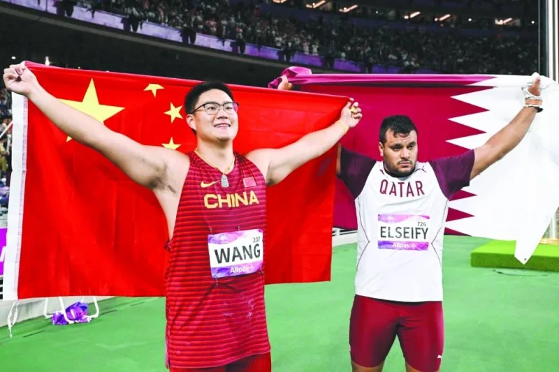 Silver medallist Qatar&#039;s Ashraf Elseify celebrates after the men&#039;s hammer throw final during the 2022 Asian Games in Hangzhou, China&#039;s Saturday. AFP