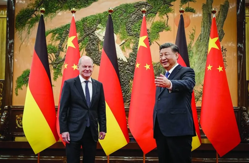 German Chancellor Olaf Scholz meeting Chinese President Xi Jinping in Beijing on November 4, 2022. 