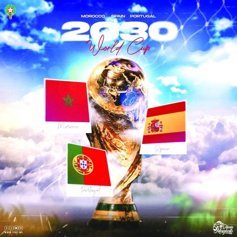 
This computer-generated picture shows flags of the three host countries of the 2030 FIFA World Cup – Morocco, Spain and Portugal. Right: A computer-generated image of refurbished Rabat Stadium. (@FRMFOFFICIEL/@Lemarocmoderne) 
