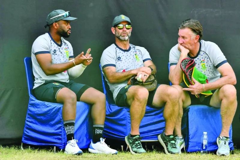 
FROM LEFT: South Africa’s captain Temba Bavuma, head coach Rob Walter and bowling coach Eric Simons attend a practice session on the eve of their 2023 ICC World Cup match against Sri Lanka in New Delhi. (AFP) 