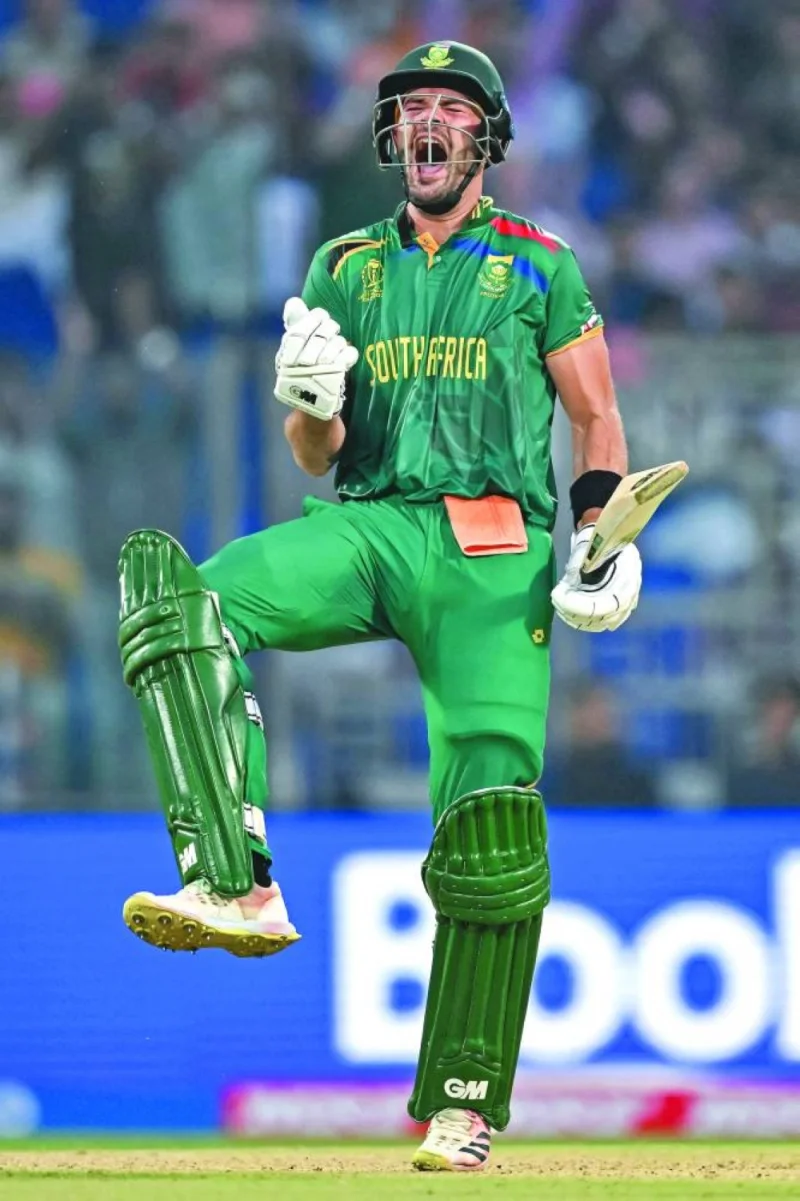 South Africa’s Aiden Markram celebrates after scoring century during the 2023 ICC World Cup match against Sri Lanka in New Delhi on Saturday. (AFP)