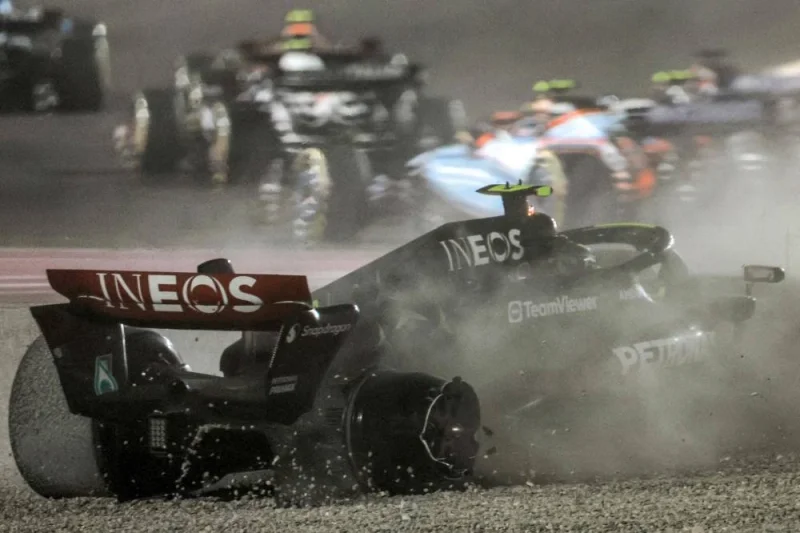 Mercedes&#039; British driver Lewis Hamilton slides off the track after crashing out of the Qatari Formula One Grand Prix at Lusail International Circuit. AFP
