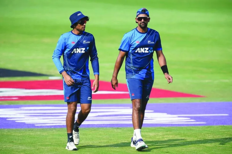 
New Zealand’s Rachin Ravindra (left) and Ish Sodhi attend a practice session in Hyderabad on the eve of the 2023 ICC Men’s Cricket World Cup match against the Netherlands. (AFP) 