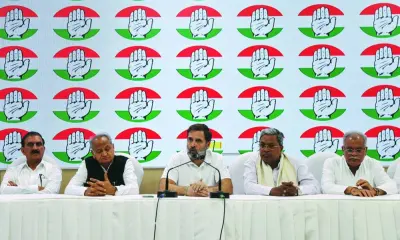 Sukhvinder Singh Sukhu, chief minister of Himachal Pradesh, Ashok Gehlot, chief minister of Rajasthan, Rahul Gandhi, senior leader of India’s main opposition Congress party, Siddaramaiah, chief minister of Karnataka and Bhupesh Baghel, chief minister of Chhattisgarh, address the media at Congress’ headquarters in New Delhi, India, yesterday.