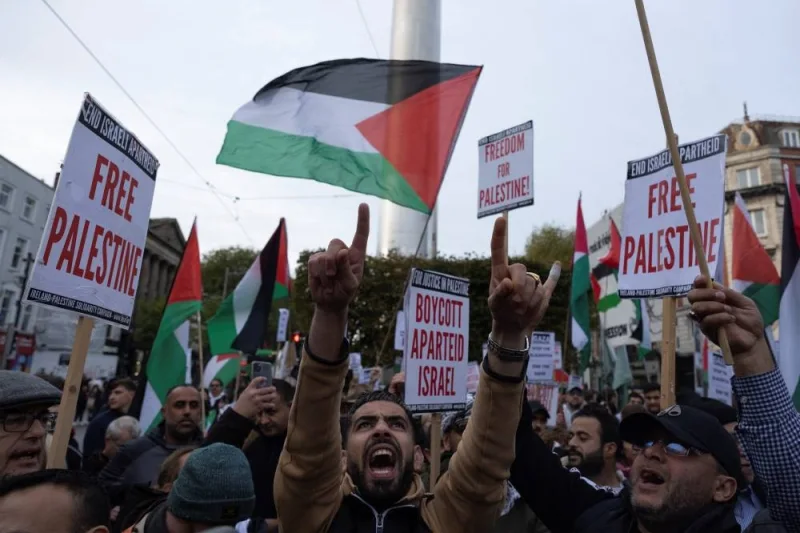 Demonstrators rally during a &#039;Stand with Palestine&#039; protest in solidarity with Gaza, in Dublin, Ireland Wednesday.