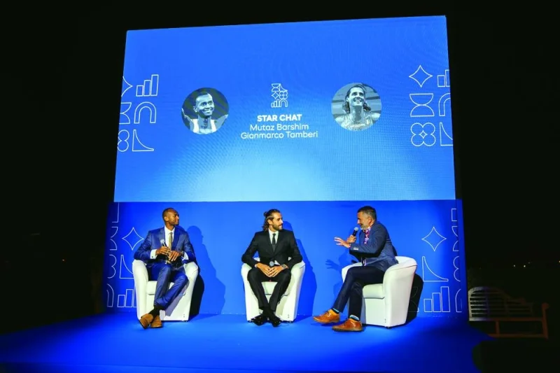 
Joint Olympic high jump champions Qatar’s Mutaz Barshim (left) and Italy’s Gianmarco Tamberi (centre) during a conversation at the 9th Aspire Academy Global Summit.  