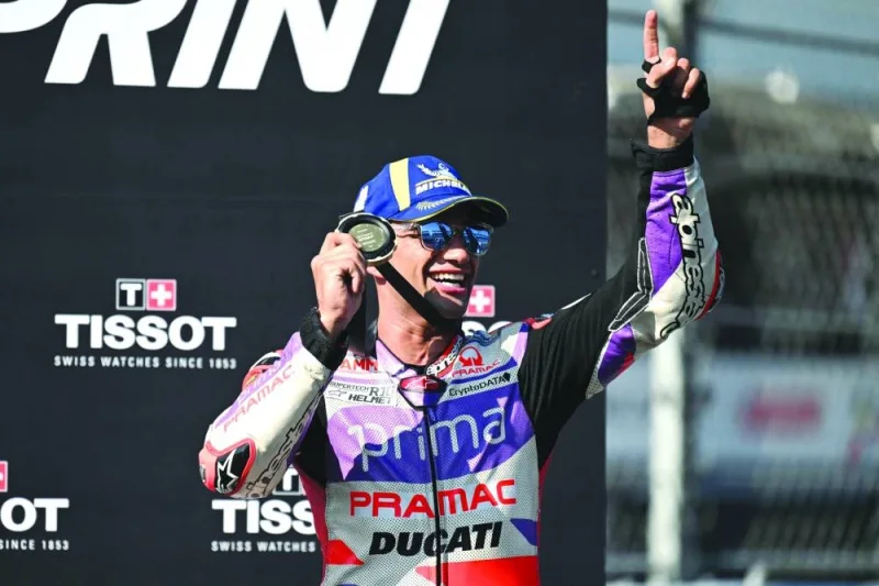 
Prima Pramac Racing’s Spanish rider Jorge Martin celebrates after winning the sprint race of the Indonesian Grand Prix MotoGP. (AFP) 
