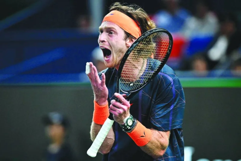Russia’s Andrey Rublev reacts after a point against Bulgaria’s Grigor Dimitrov during their semi-final match at the Shanghai Masters on Saturday. (AFP)