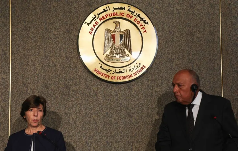Minister for Europe and Foreign Affairs of France, Catherine Colonna and Egyptian Foreign Minister Sameh Shoukry hold a news conference, amid the ongoing conflict between Israel and the Palestinian group Hamas, at the headquarters of Egyptian Ministry of Foreign Affairs, in Cairo, Egypt, Monday. REUTERS