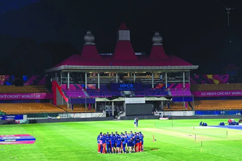 Netherlands’ players during a practice session on Monday, on the eve of their World Cup match against South Africa at the Himachal Pradesh Cricket Association Stadium in Dharamsala. (AFP)