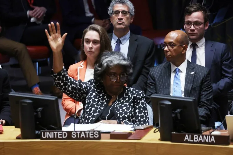 US Ambassador to the United Nations Linda Thomas-Greenfield votes against a Brazil-sponsored draft resolution during a meeting of the United Nations Security Council on the conflict between Israel and Hamas at UN headquarters in New York, Wednesday. REUTERS