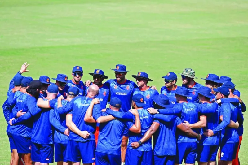 Netherlands’ players gather during a practice session on Friday, on the eve of their World Cup match against Sri Lanka in Lucknow. (AFP)