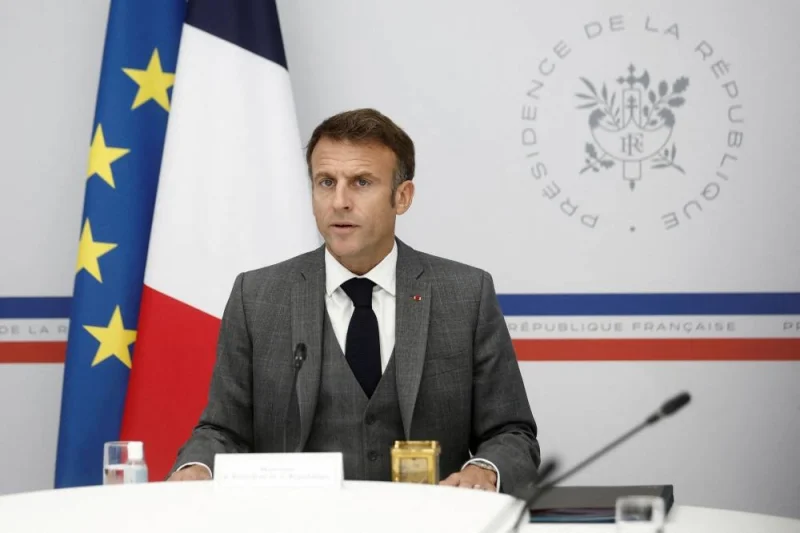 French President Emmanuel Macron attends a video-conference with the families of French hostages by the Hamas militants who had entered Israel from the Gaza Strip, at the Elysee Palace in Paris, France, Friday. REUTERS