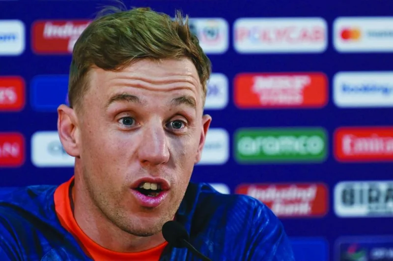 
Netherland’s Logan van Beek speaks during a press conference at the Arun Jaitley Stadium in New Delhi on the eve of the 2023 ICC Men’s Cricket World Cup match against Australia. (AFP) 