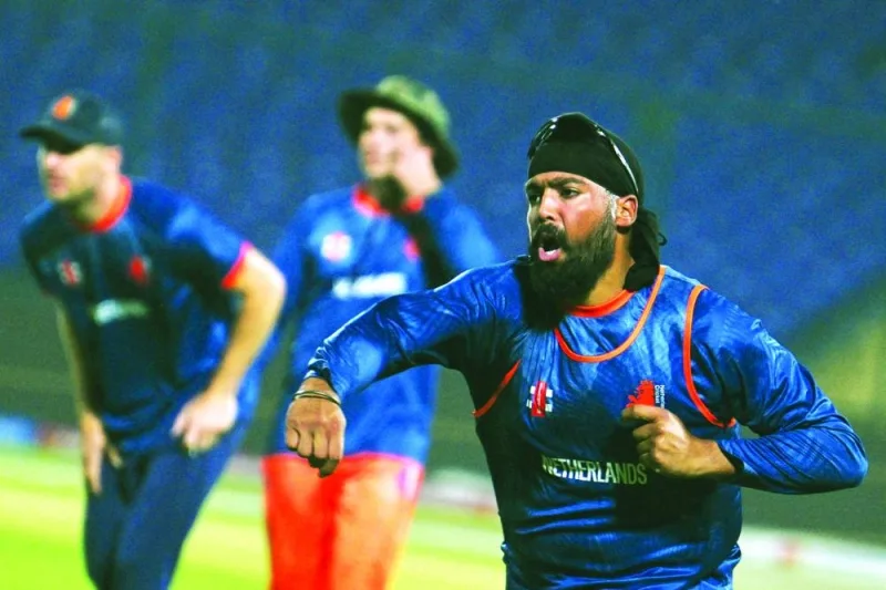 
Netherland’s Vikramjit Singh attends a practice session in New Delhi on the eve of the 2023 ICC World Cup match against Australia. (AFP) 