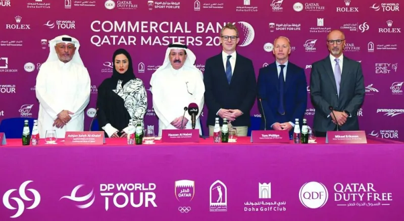 From left: Qatar Golf Association (QGA) Secretary-General Fahad Nasser al-Naimi, Sponsorships and Events Manager at Commercial Bank of Qatar Ashjan al-Khalaf, QGA President Hassan al-Naimi, Head of Middle East of DP World Tour Tom Phillips, Senior Tournament Director of DP World Tour Mikael Eriksson and QGA Technical Expert Mike Shoueiry at a press conference at the Doha Golf Club on Tuesday.