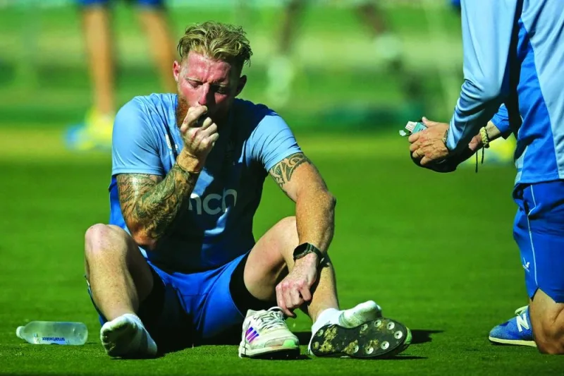 
England’s Ben Stokes uses an inhaler during a practice session on the eve of their 2023 ICC Men’s Cricket World Cup match against Sri Lanka in Bengaluru. (AFP) 