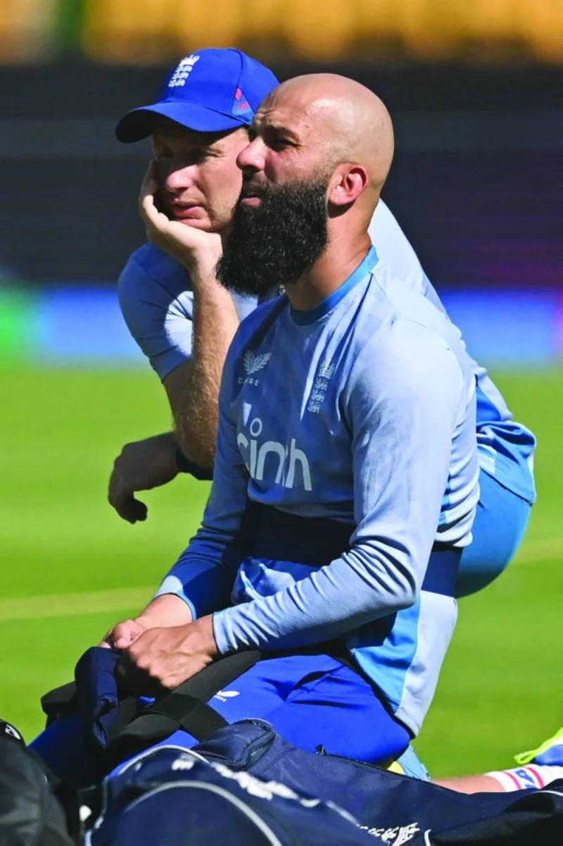 England’s Moeen Ali is seen at a practice session on the eve of their 2023 ICC Men’s Cricket World Cup match against Sri Lanka in Bengaluru. (AFP)