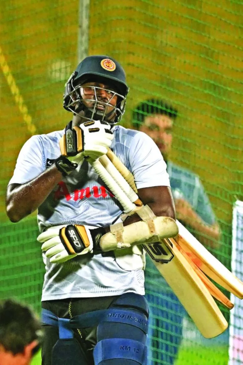 Sri Lanka’s Angelo Mathews attends a practice session in Bengaluru on Wednesday. (AFP)