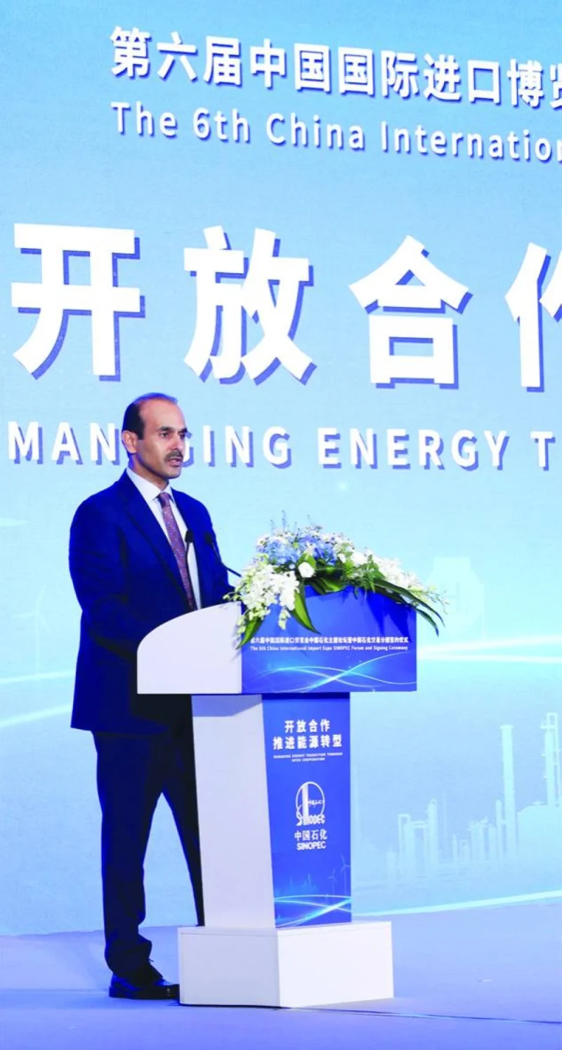 HE the Minister of State for Energy Affairs Saad bin Sherida al-Kaabi delivering keynote speech at the Sinopec Forum in Shanghai Sunday.