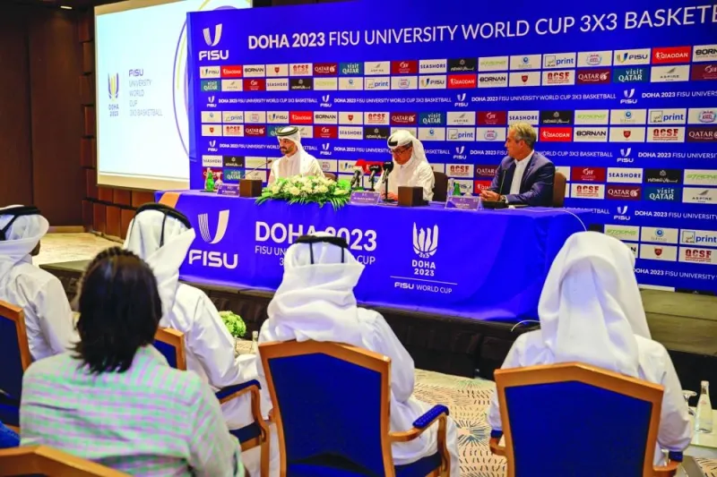 Qatar Collegiate Sports Federation Secretary-General Rashid Saeed Adiba (left), President Dr Ibrahim bin Saleh al-Naimi (centre) and FISU Sports Director Juan Carlos at a press conference on Tuesday.