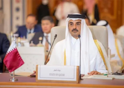 His Highness the Amir delivering a speech at the Joint Arab Islamic Extraordinary Summit in Riyadh Saturday
