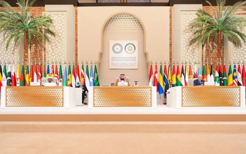Saudi Crown Prince Mohammed bin Salman (C) chairing an emergency meeting of the Arab League and the Organisation of Islamic Cooperation, in Riyadh. SAUDI PRESS AGENCY/AFP