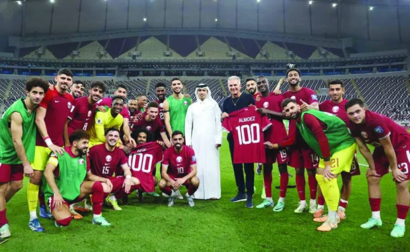 Qatar Football Association president Jassim bin Rashid al-Bueinain felicitated Qatar strikers Akram Afif and Almoez Ali for reaching the remarkable milestone of 100 international matches for the national team. The celebration took place right after Qatar’s 8-1 victory over Afghanistan at the Khalifa International Stadium on Thursday.
