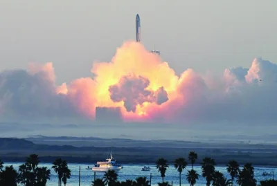 SpaceX's Starship rocket launches from Starbase during its second test flight in Boca Chica, Texas, yesterday. (AFP)