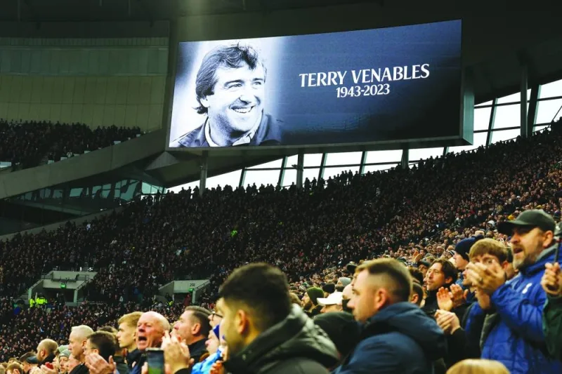 
General view of an image of former manager Terry Venables during an English Premier League match between Tottenham Hotspur and Aston Villa at Tottenham Hotspur Stadium. (Reuters) 